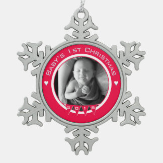 Baby's First Christmas - Photo and Year in RED Snowflake Pewter Christmas Ornament