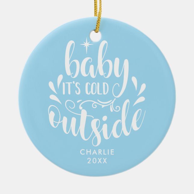 Baby's First Christmas Photo Baby Boy Blue Ceramic Ornament (Front)