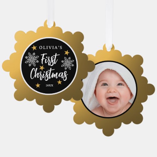 Babys First Christmas Photo Black And Gold   Ornament Card