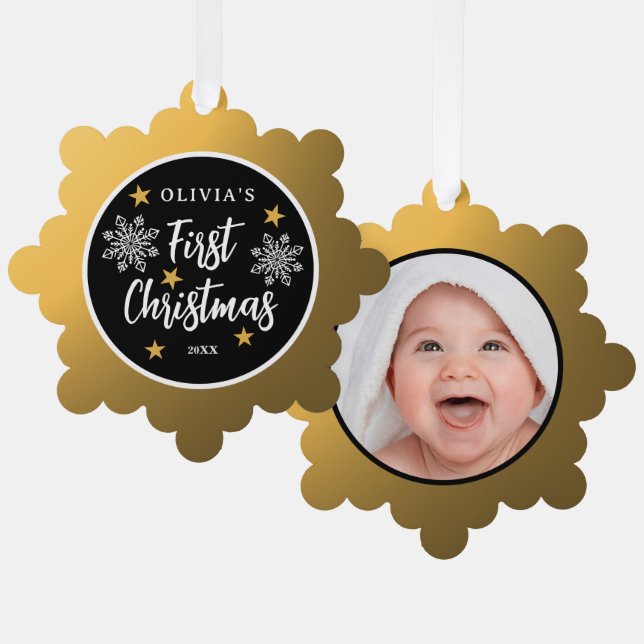 Babys First Christmas Photo Black And Gold   Ornament Card (Front/Back)
