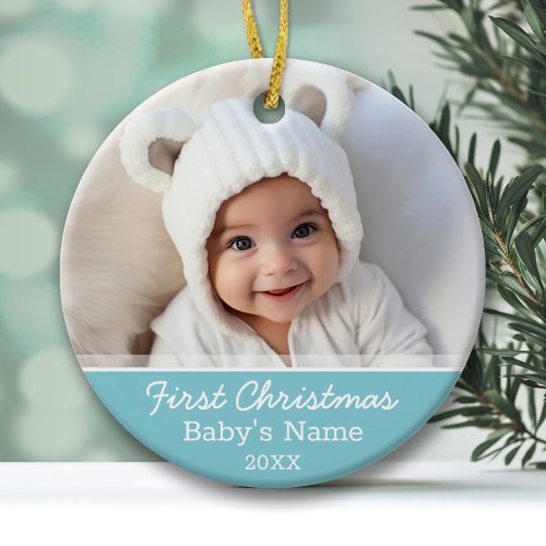 Babys First Christmas Photo _ Blue Boy Background Ceramic Ornament