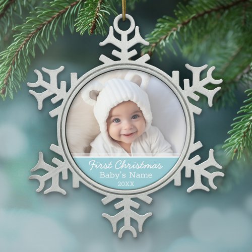 Babys First Christmas Photo _ Blue Boy Background Snowflake Pewter Christmas Ornament