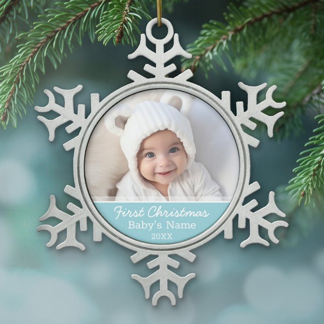 Baby's First Christmas Photo - Blue Boy Background Snowflake Pewter Christmas Ornament (Baby's First Christmas Ornament with a cute photo and light blue accents)