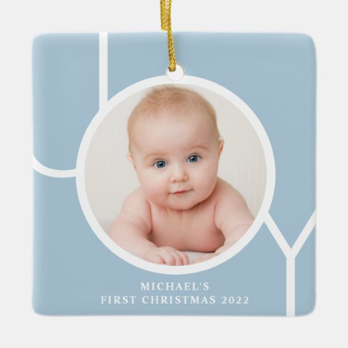 Babys First Christmas Photo Blue Ceramic Ornament