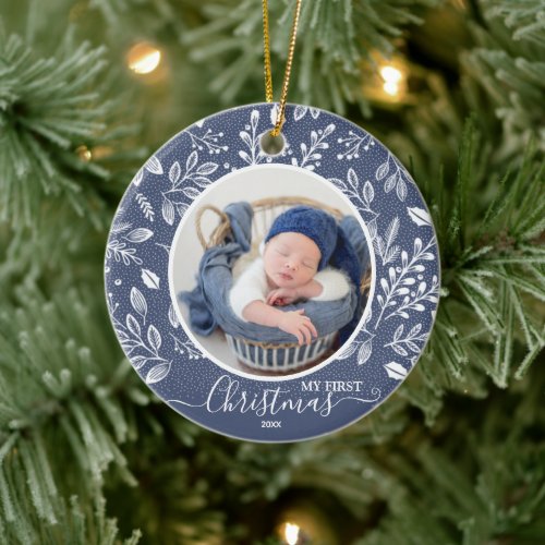 Babys First Christmas Photo Blue Ceramic Ornament