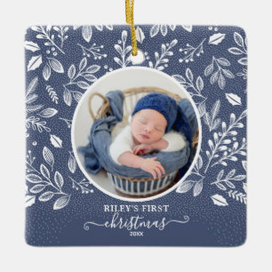 Baby's First Christmas Photo Blue Ceramic Ornament