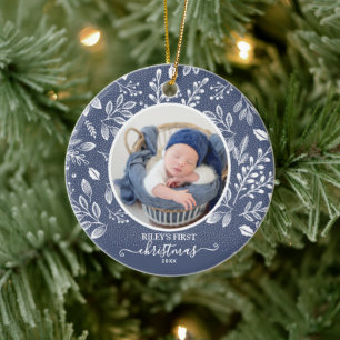 Baby's First Christmas Photo Blue Ceramic Ornament