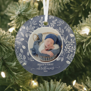 Baby's First Christmas Photo Blue Glass Ornament