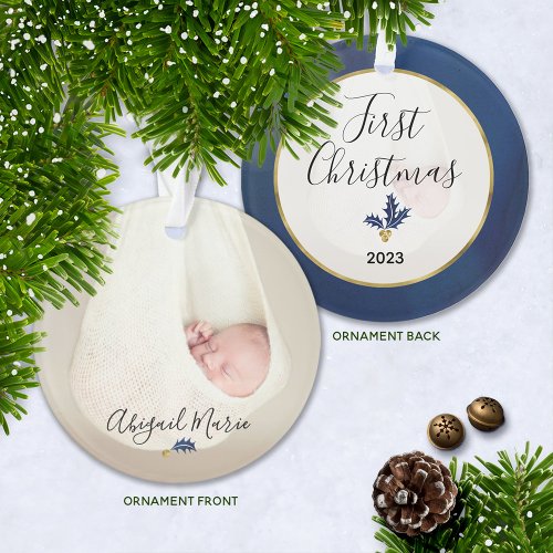 Babys First Christmas Photo Blue  Gold Ornament