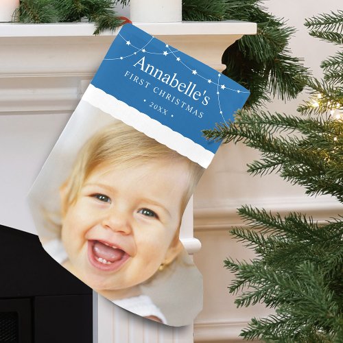 Babys First Christmas Photo Blue Small Christmas Stocking