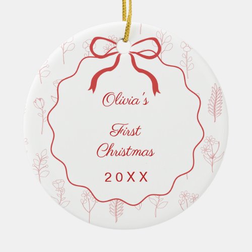 Baby's First Christmas photo bow wildflowers red Ceramic Ornament