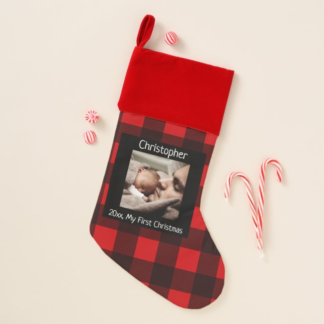 Babys First Christmas Photo Buffalo Check Plaid Christmas Stocking (Front)