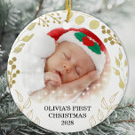Baby's First Christmas Photo  Ceramic Ornament<br><div class="desc">This elegant Christmas Ornament is decorated with gold foliage on a white background.
Easily customizable with baby's name,  year and photo.
Please note that the small white stars are not included in the design.
Original Watercolor © Michele Davies.</div>