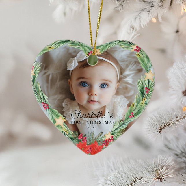 Baby's First Christmas – Photo Ceramic Ornament (Baby's First Christmas – Photo - Heart - Ceramic Ornament.)