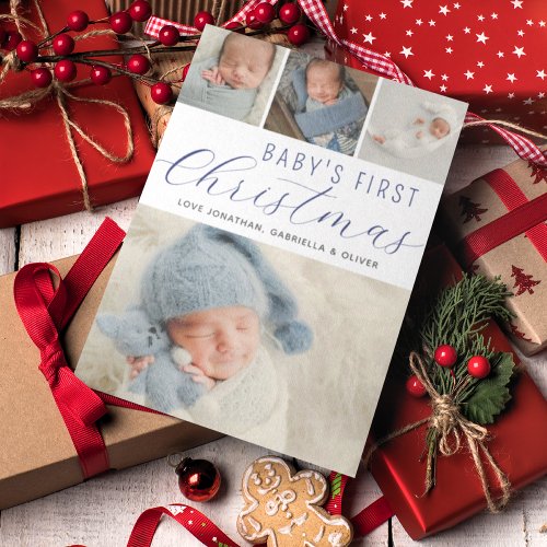  Babys First Christmas Photo Collage Blue Holiday Card