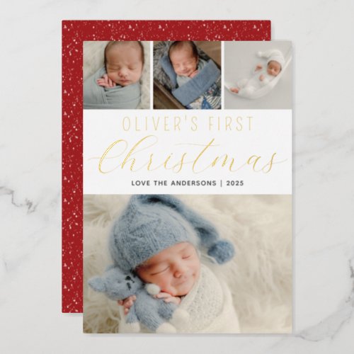  Babys First Christmas Photo Collage Gold Foil Holiday Card