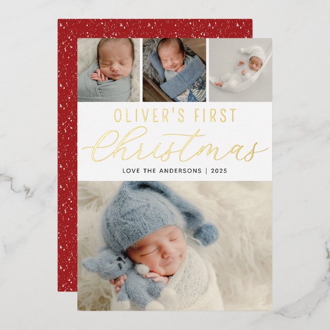 Babys First Christmas Photo Collage Gold Foil Holiday Card (Front/Back)