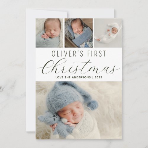  Babys First Christmas Photo Collage Green Holiday Card