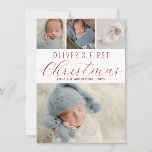 Babys First Christmas Photo Collage Red Holiday Card