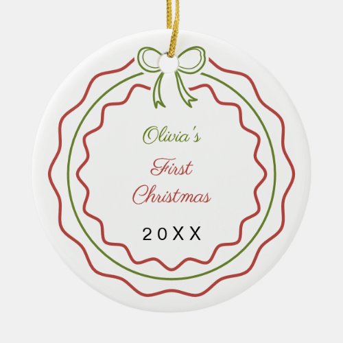 Baby's First Christmas photo coquette bow scallop Ceramic Ornament