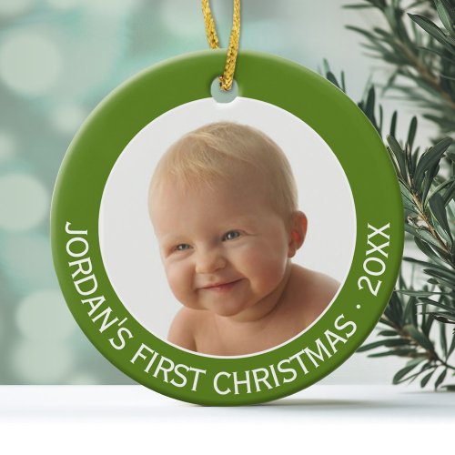 Babys First Christmas Photo Custom Name and Year Ceramic Ornament