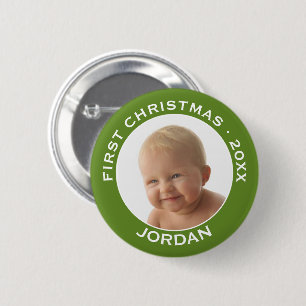 Baby's First Christmas Photo Custom Name and Year Pinback Button