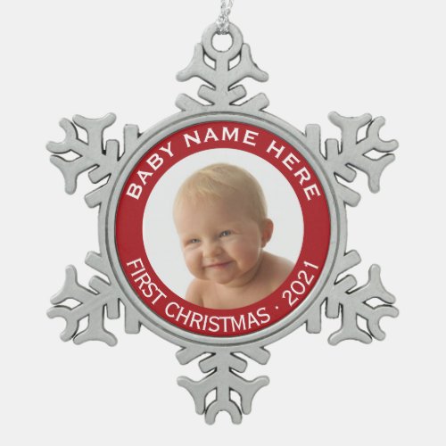 Babys First Christmas Photo Custom Name and Year Snowflake Pewter Christmas Ornament