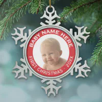 Baby s First Christmas Photo Custom Name and Year Snowflake Pewter Christmas Ornament