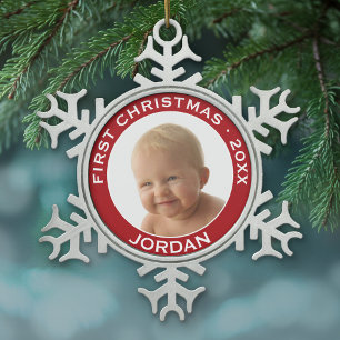 Baby's First Christmas Photo Custom Name and Year Snowflake Pewter Christmas Ornament