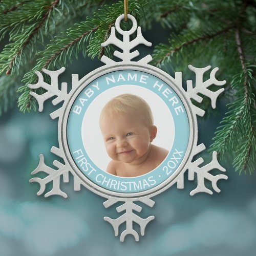 Babys First Christmas Photo Custom Name and Year Snowflake Pewter Christmas Ornament