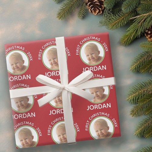 Babys First Christmas Photo Custom Name and Year Wrapping Paper