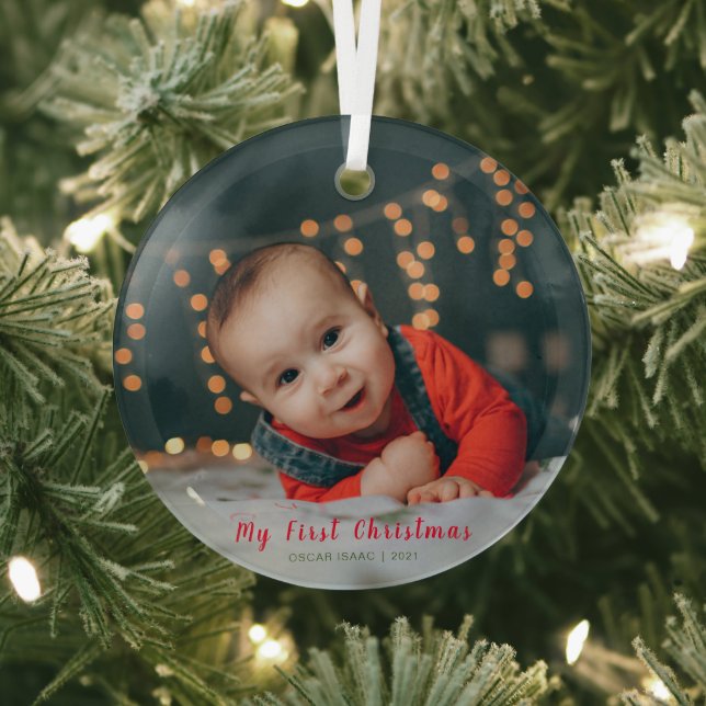 Baby's First Christmas Photo Custom Name Glass Ornament (Insitu)