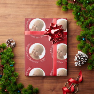 Baby's First Christmas Photo Custom Name Year Red Wrapping Paper