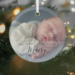 Baby's First Christmas Photo Elegant Script Glass Ornament<br><div class="desc">Baby's first Christmas photo script keepsake ornament. Personalize with your favorite baby photo along with their name and date to create a unique memory and gift for a special first Christmas. A lovely keepsake to celebrate your new arrival! Designed by Thisisnotme©</div>