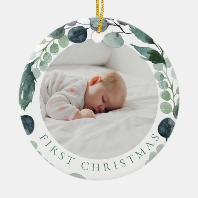 Baby's first Christmas photo eucalyptus wreath Ceramic Ornament (Front)