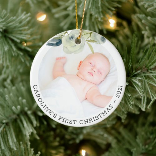 Babys First Christmas Photo Floral Watercolor Ceramic Ornament
