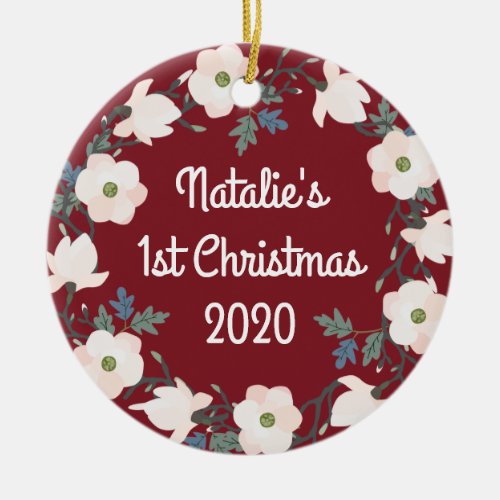 Babys First Christmas Photo Floral Wreath Ceramic Ornament