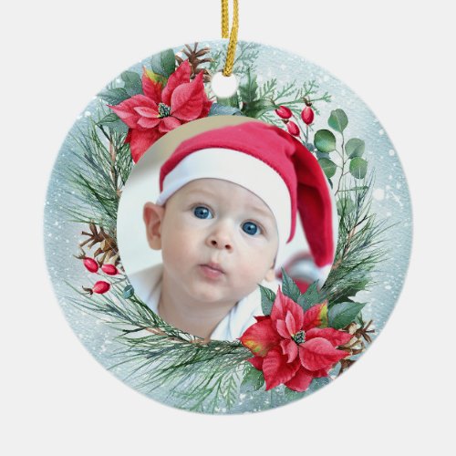 Babys first Christmas photo floral wreath Ceramic Ornament