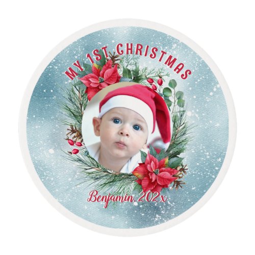 Babys first Christmas photo floral wreath Edible Frosting Rounds