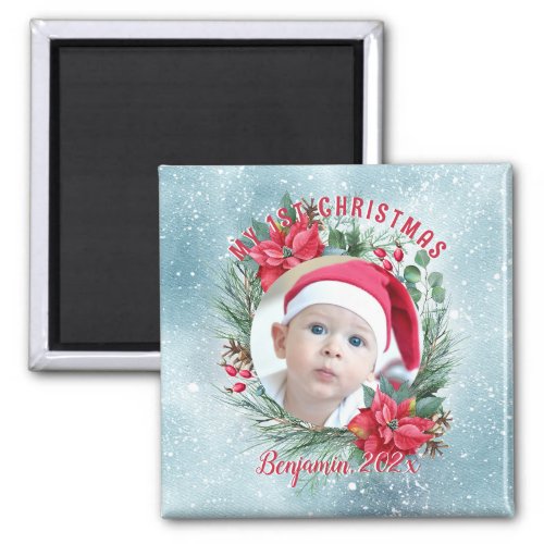 Babys first Christmas photo floral wreath Magnet