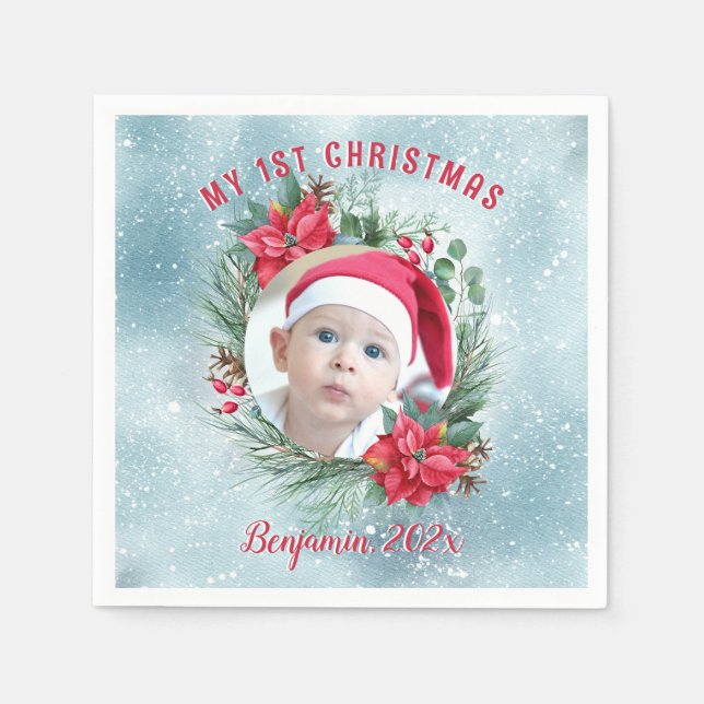 Baby's first Christmas photo floral wreath Napkins (Front)