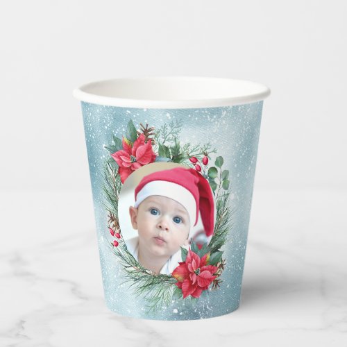 Babys first Christmas photo floral wreath Paper Cups