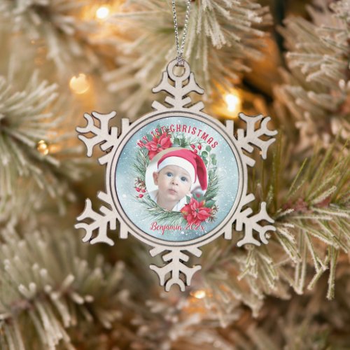 Babys first Christmas photo floral wreath Snowflake Pewter Christmas Ornament