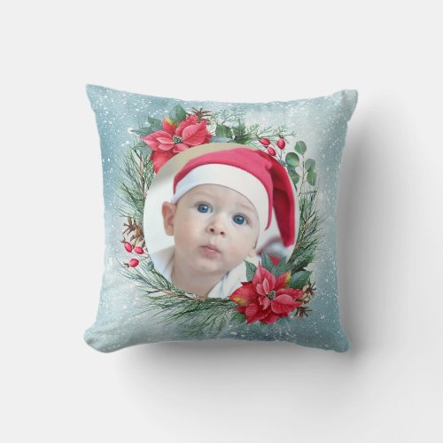 Babys first Christmas photo floral wreath Throw Pillow