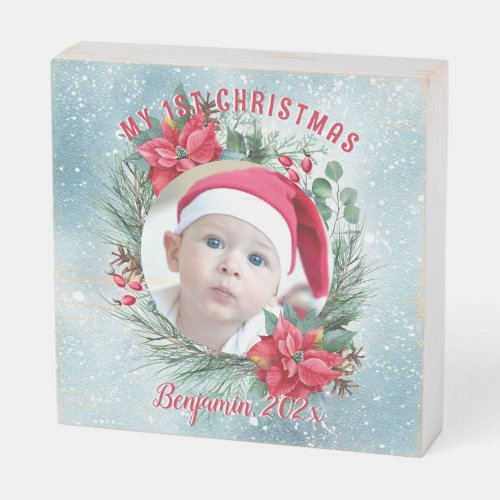 Babys first Christmas photo floral wreath Wooden Box Sign