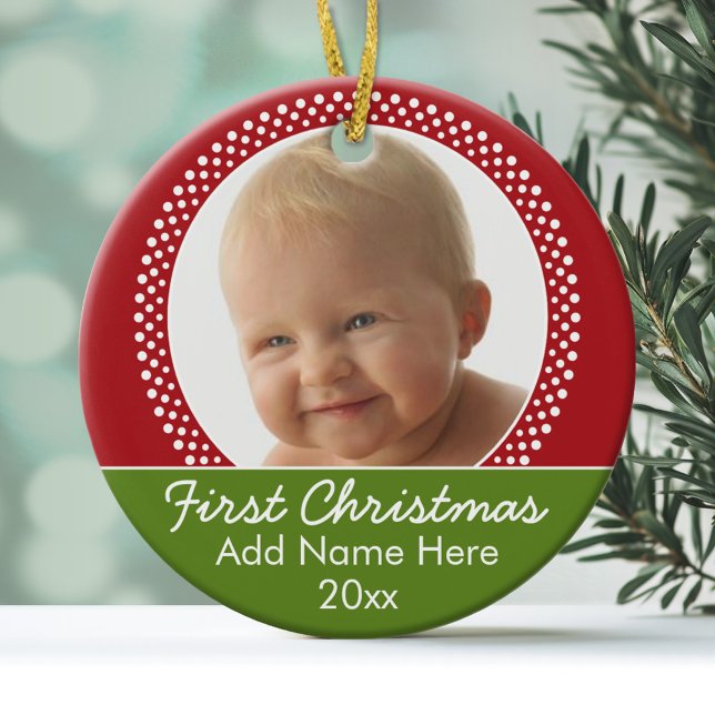 Baby's First Christmas Photo Frame - Red and Green Ceramic Ornament (Personalized Photo Ornament)