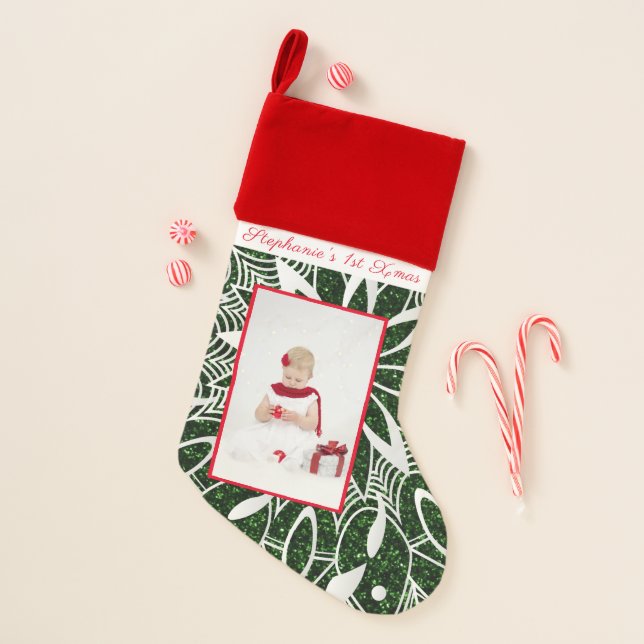 Babys First Christmas Photo Glitter Snowflake Christmas Stocking (Front)