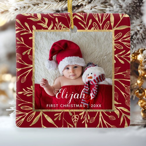 Babys First Christmas Photo Gold Foliage Red Ceramic Ornament