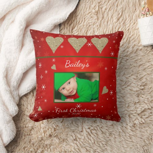 Babys First Christmas Photo Gold Glitter Cute Throw Pillow