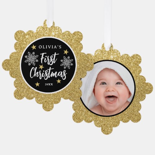 Babys First Christmas Photo Gold Glitter Ornament Card